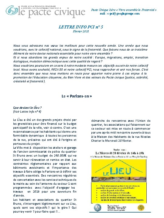 Pacte Civique Isère « Vivre ensemble la Fraternité » mél : c-pci@googlegroups. com LETTRE
