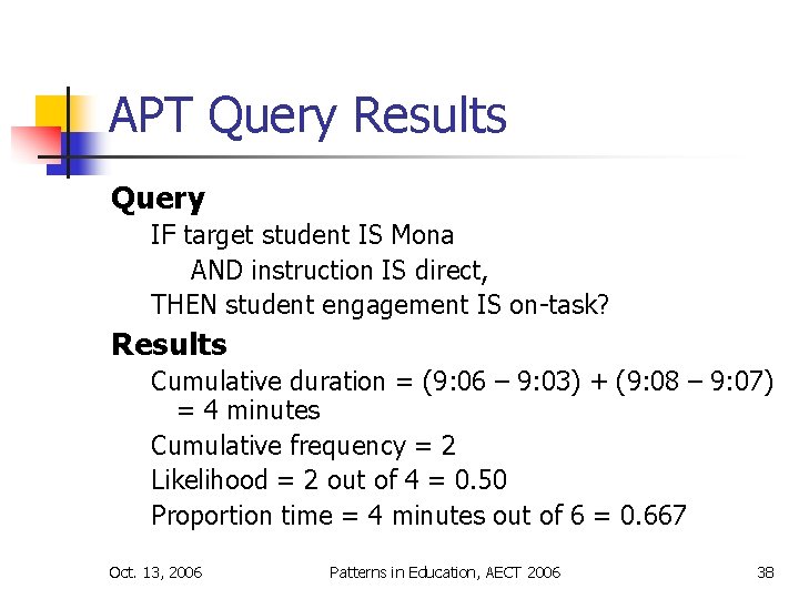 APT Query Results Query IF target student IS Mona AND instruction IS direct, THEN