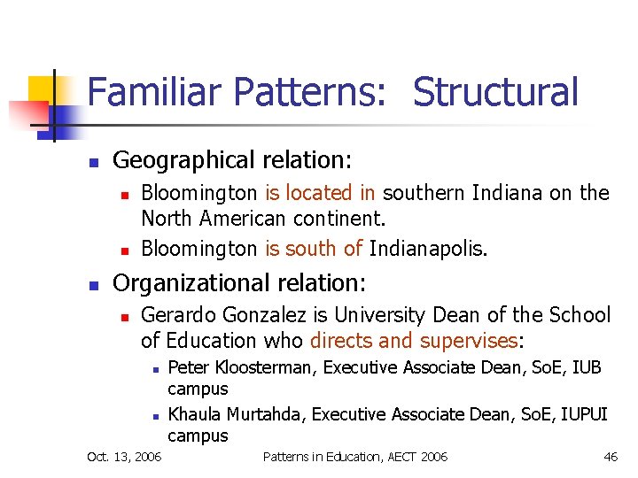 Familiar Patterns: Structural n Geographical relation: n n n Bloomington is located in southern