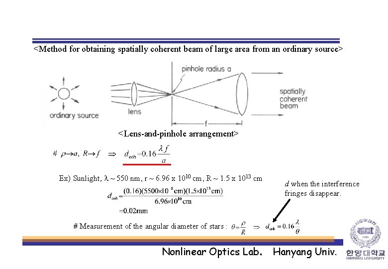 <Method for obtaining spatially coherent beam of large area from an ordinary source> <Lens-and-pinhole