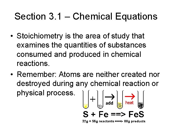 Section 3. 1 – Chemical Equations • Stoichiometry is the area of study that