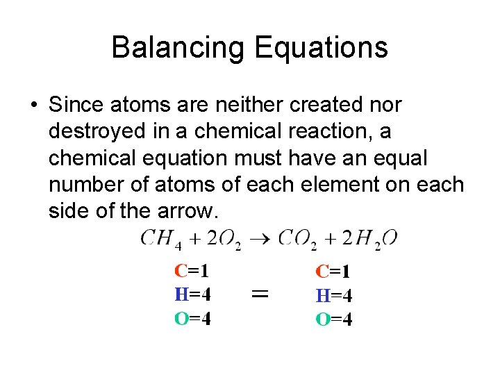 Balancing Equations • Since atoms are neither created nor destroyed in a chemical reaction,
