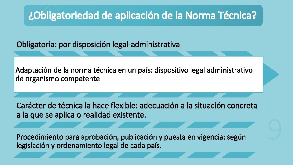 ¿Obligatoriedad de aplicación de la Norma Técnica? Obligatoria: por disposición legal-administrativa Adaptación de la