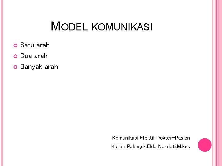 MODEL KOMUNIKASI Satu arah Dua arah Banyak arah Komunikasi Efektif Dokter-Pasien Kuliah Pakar, dr. MODEL KOMUNIKASI Satu arah Dua arah Banyak arah Komunikasi Efektif Dokter-Pasien Kuliah Pakar, dr.