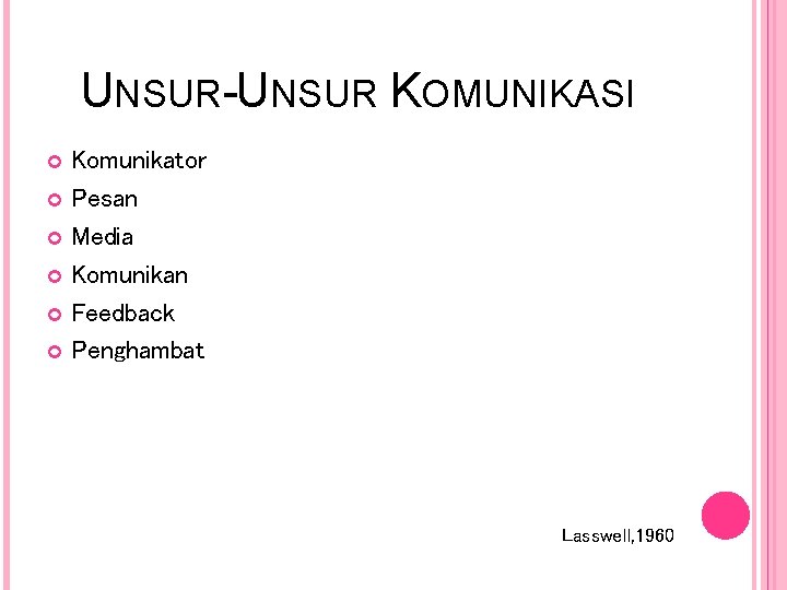 UNSUR-UNSUR KOMUNIKASI Komunikator Pesan Media Komunikan Feedback Penghambat Lasswell, 1960 UNSUR-UNSUR KOMUNIKASI Komunikator Pesan Media Komunikan Feedback Penghambat Lasswell, 1960