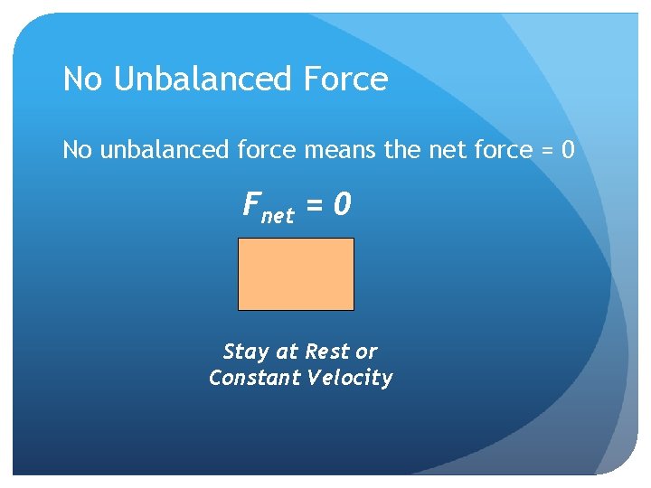 No Unbalanced Force No unbalanced force means the net force = 0 Fnet =