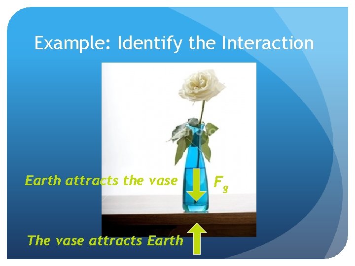 Example: Identify the Interaction Earth attracts the vase The vase attracts Earth Fg 
