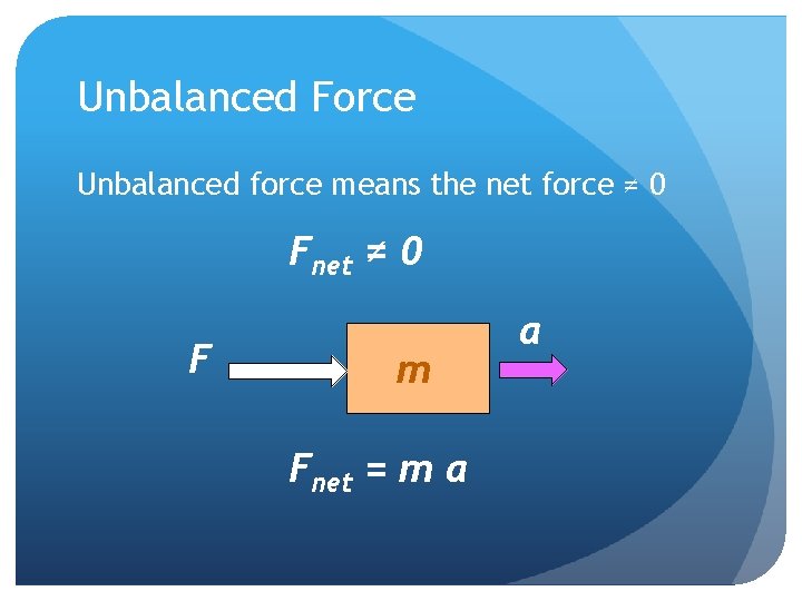 Unbalanced Force Unbalanced force means the net force ≠ 0 Fnet ≠ 0 F