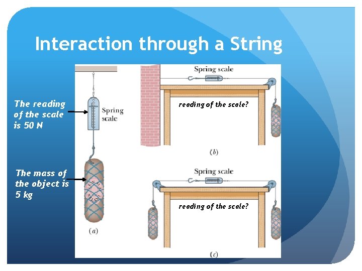 Interaction through a String The reading of the scale is 50 N reading of