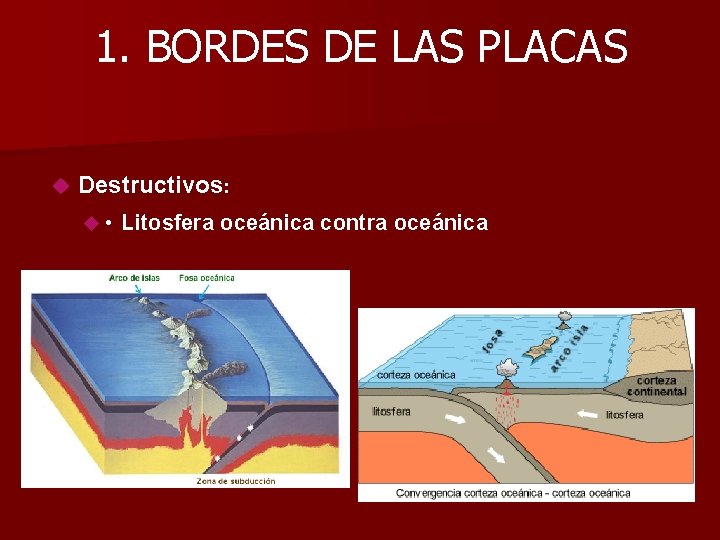 1. BORDES DE LAS PLACAS Destructivos: • Litosfera oceánica contra oceánica 