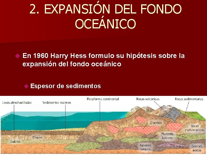 2. EXPANSIÓN DEL FONDO OCEÁNICO En 1960 Harry Hess formulo su hipótesis sobre la
