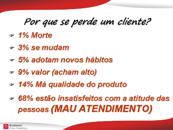 Por que se perde um cliente? 1% Morte 3% se mudam 5% adotam novos