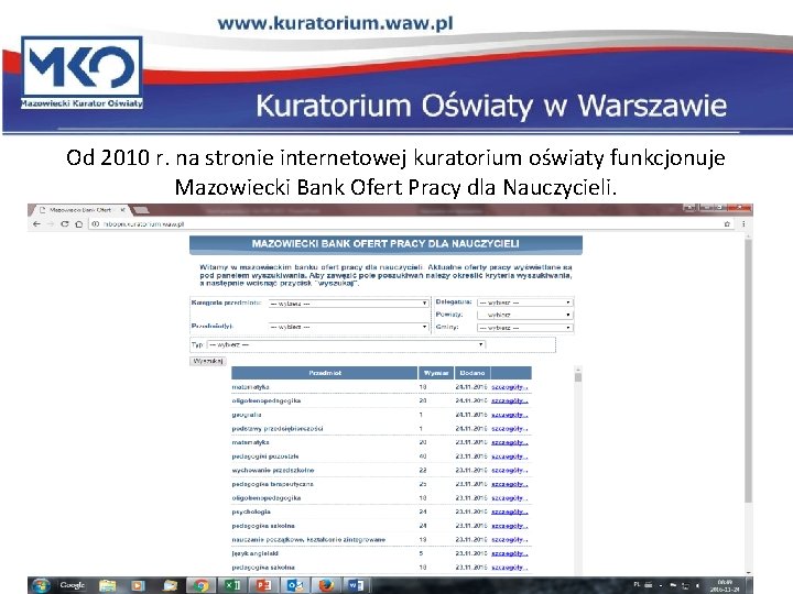 Od 2010 r. na stronie internetowej kuratorium oświaty funkcjonuje Mazowiecki Bank Ofert Pracy dla