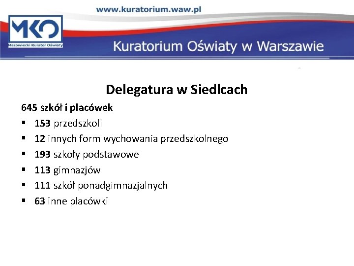 Delegatura w Siedlcach 645 szkół i placówek § 153 przedszkoli § 12 innych form