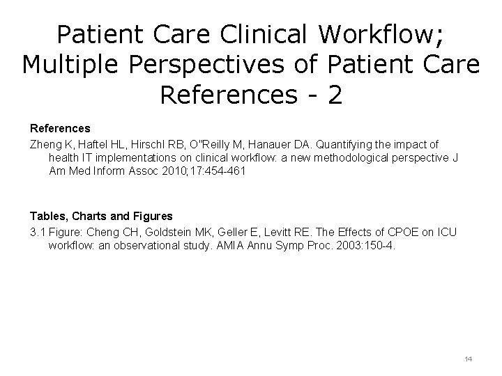 Patient Care Clinical Workflow; Multiple Perspectives of Patient Care References - 2 References Zheng