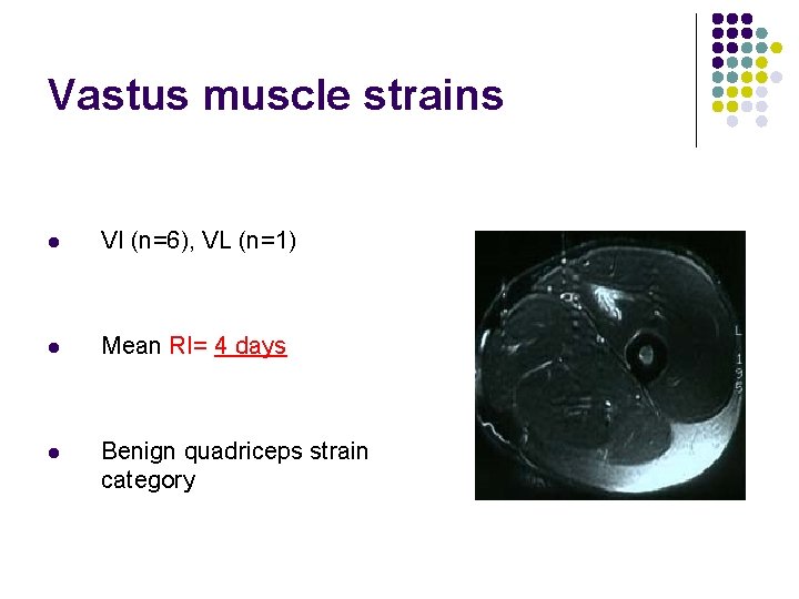 Vastus muscle strains l VI (n=6), VL (n=1) l Mean RI= 4 days l
