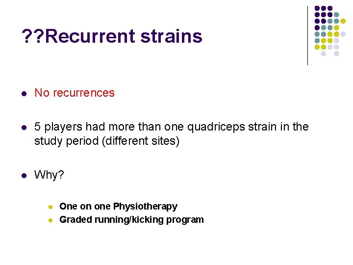 ? ? Recurrent strains l No recurrences l 5 players had more than one