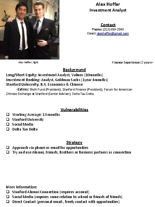 Alex Hoffer Investment Analyst Contact Phone: (212) 659 -2348 Email: alexhoffer@gmail. com Finance Experience: Alex Hoffer Investment Analyst Contact Phone: (212) 659 -2348 Email: alexhoffer@gmail. com Finance Experience: