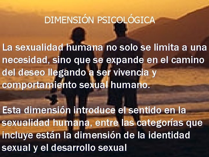 DIMENSIÓN PSICOLÓGICA La sexualidad humana no solo se limita a una necesidad, sino que