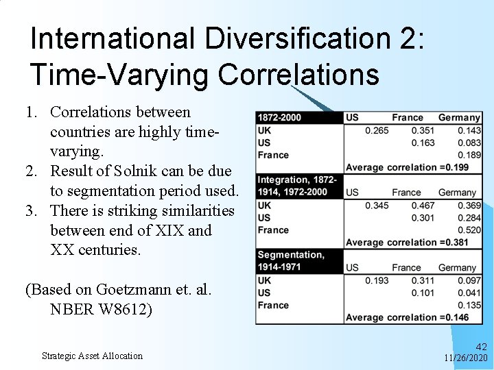 International Diversification 2: Time-Varying Correlations 1. Correlations between countries are highly timevarying. 2. Result