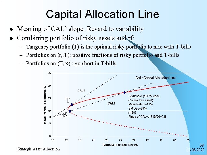 Capital Allocation Line l l Meaning of CAL’ slope: Revard to variability Combining portfolio