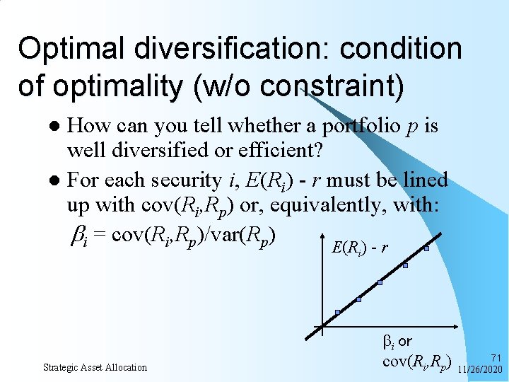 Optimal diversification: condition of optimality (w/o constraint) How can you tell whether a portfolio