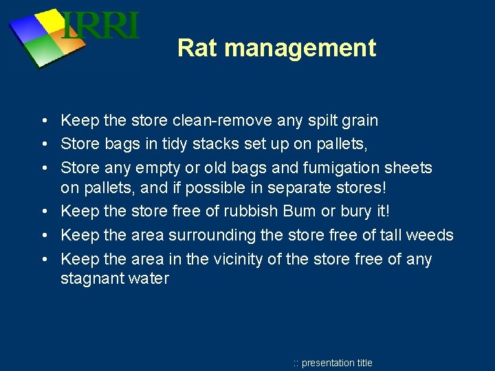Rat management • Keep the store clean-remove any spilt grain • Store bags in Rat management • Keep the store clean-remove any spilt grain • Store bags in