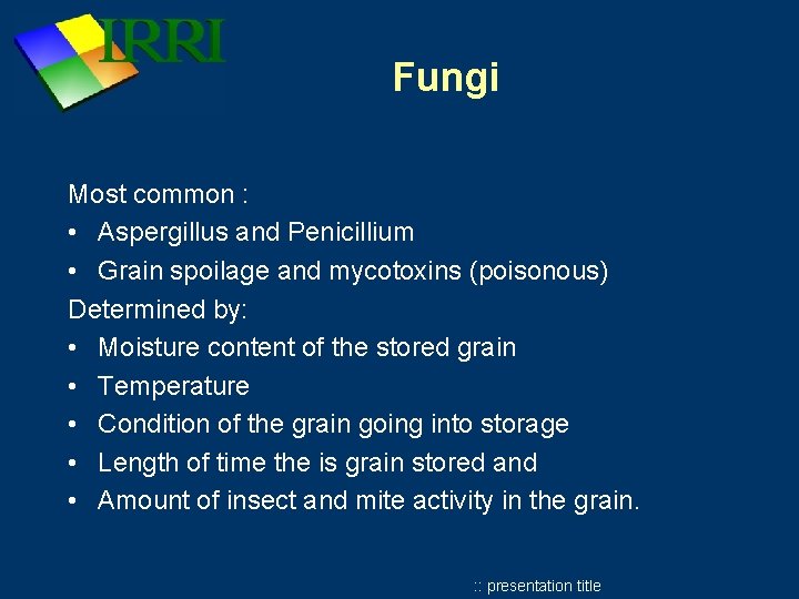 Fungi Most common : • Aspergillus and Penicillium • Grain spoilage and mycotoxins (poisonous) Fungi Most common : • Aspergillus and Penicillium • Grain spoilage and mycotoxins (poisonous)
