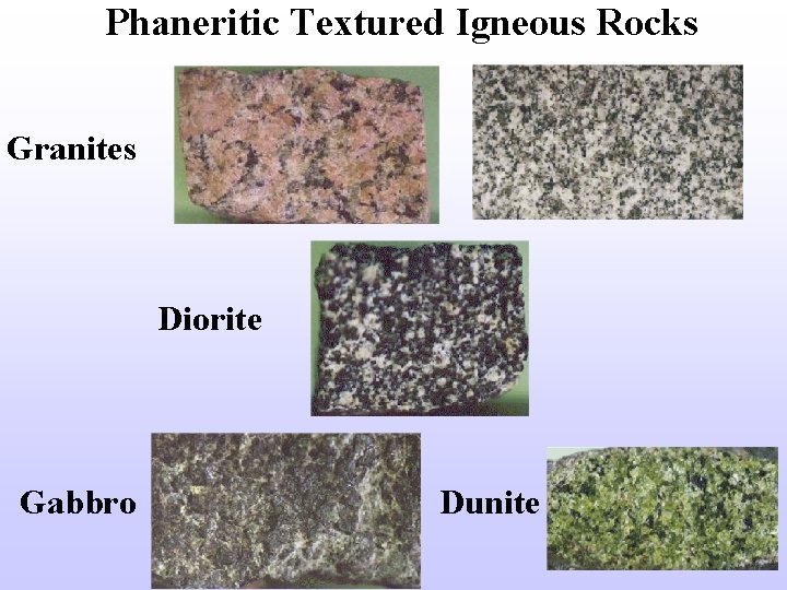 Phaneritic Textured Igneous Rocks Granites Diorite Gabbro Dunite 