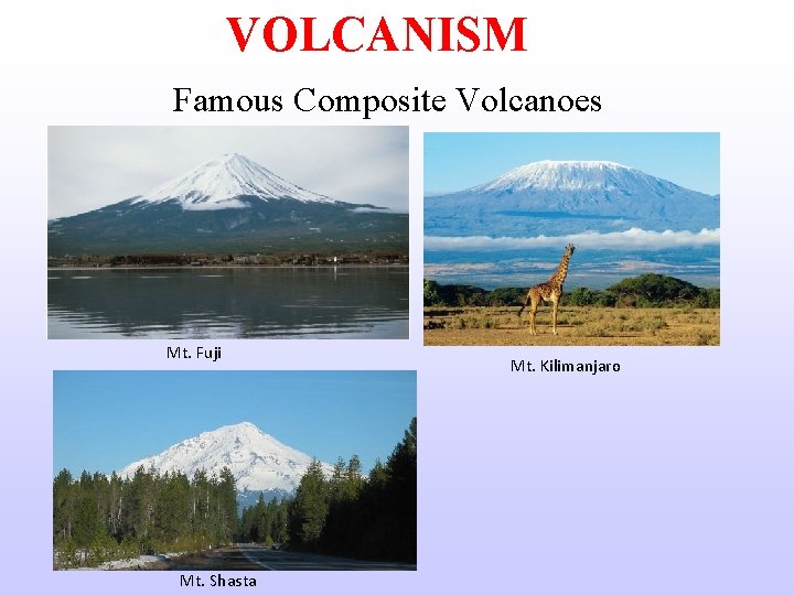 VOLCANISM Famous Composite Volcanoes Mt. Fuji Mt. Shasta Mt. Kilimanjaro 