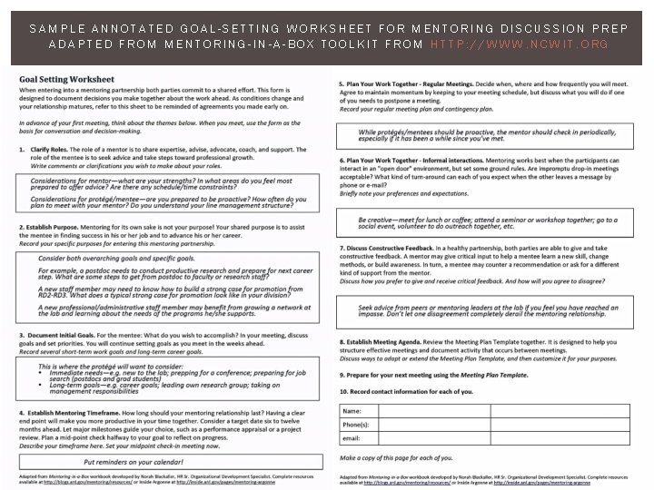 SAMPLE ANNOTATED GOAL-SETTING WORKSHEET FOR MENTORING DISCUSSION PREP ADAPTED FROM MENTORING-IN-A-BOX TOOLKIT FROM HTTP: