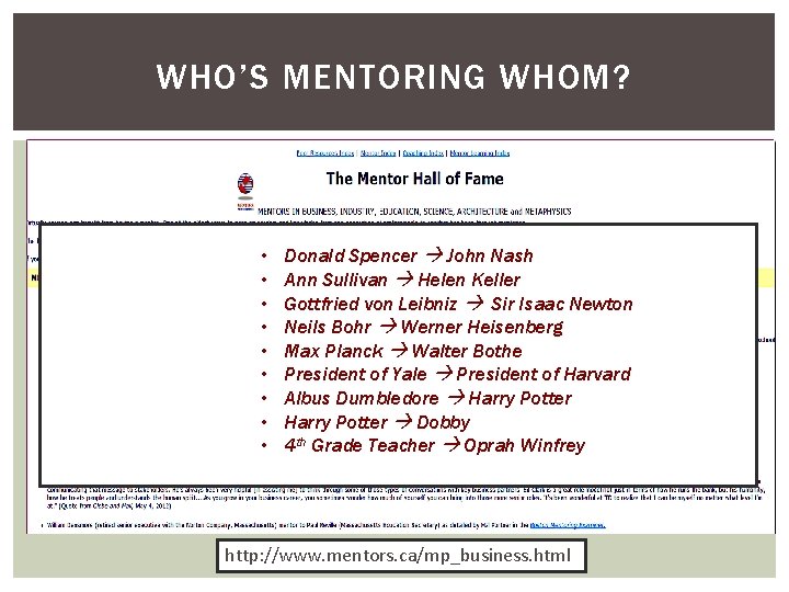 WHO’S MENTORING WHOM? • • • Donald Spencer John Nash Ann Sullivan Helen Keller