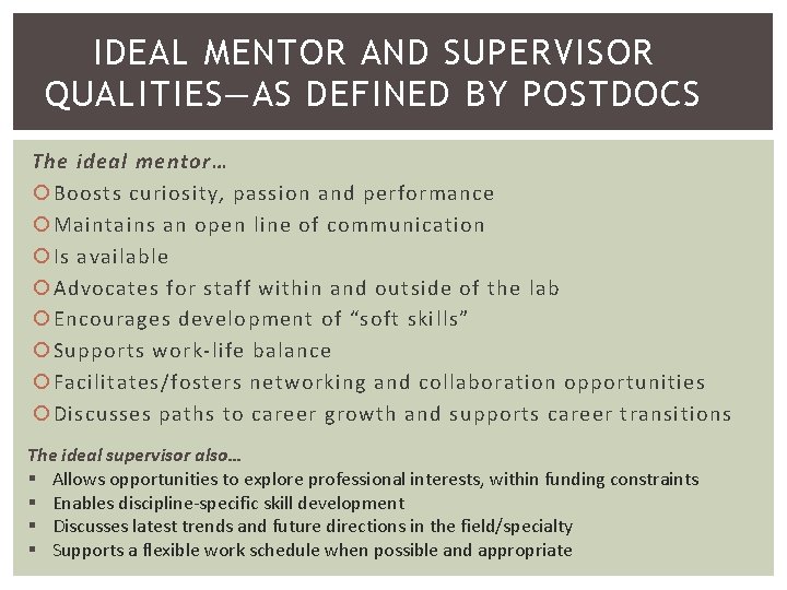 IDEAL MENTOR AND SUPERVISOR QUALITIES—AS DEFINED BY POSTDOCS The ideal mentor… Boosts curiosity, passion