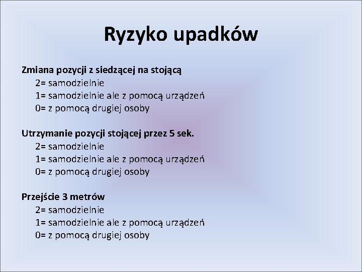 Ryzyko upadków Zmiana pozycji z siedzącej na stojącą 2= samodzielnie 1= samodzielnie ale z