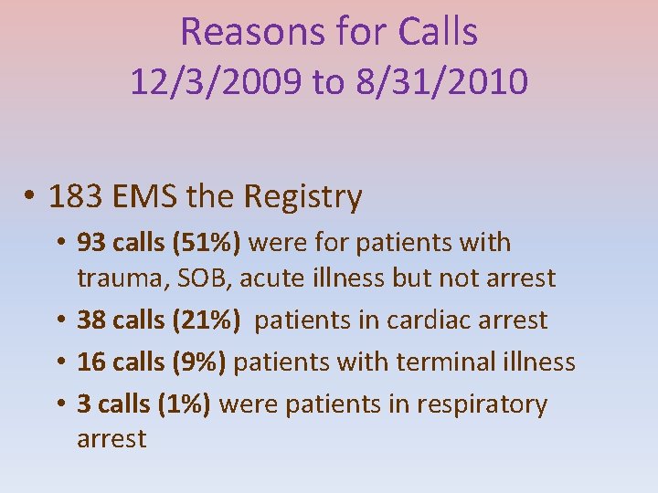 Reasons for Calls 12/3/2009 to 8/31/2010 • 183 EMS the Registry • 93 calls