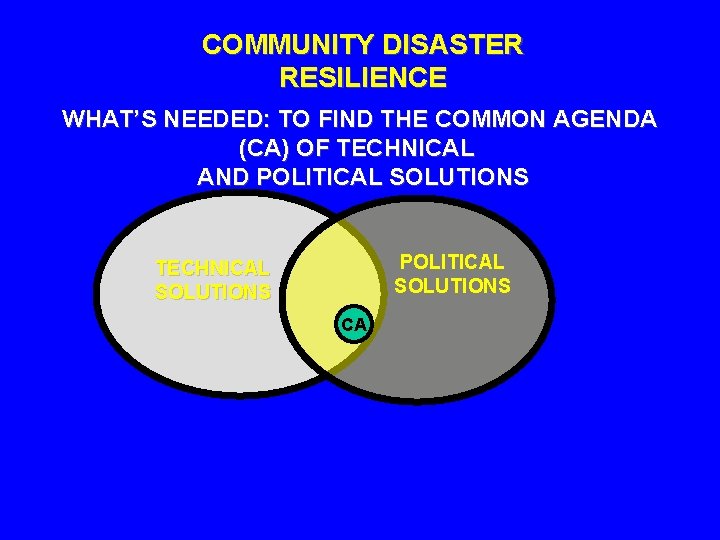COMMUNITY DISASTER RESILIENCE WHAT’S NEEDED: TO FIND THE COMMON AGENDA (CA) OF TECHNICAL AND