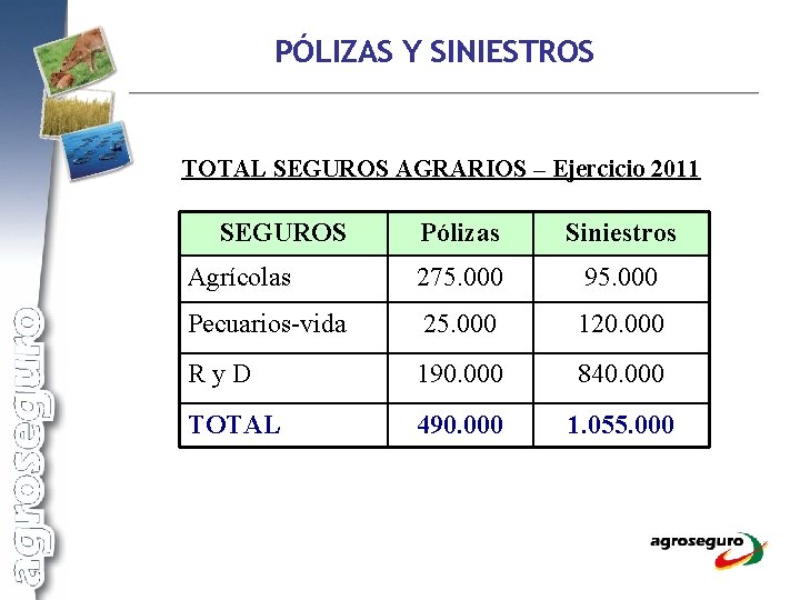 PÓLIZAS Y SINIESTROS TOTAL SEGUROS AGRARIOS – Ejercicio 2011 SEGUROS Pólizas Siniestros Agrícolas 275.