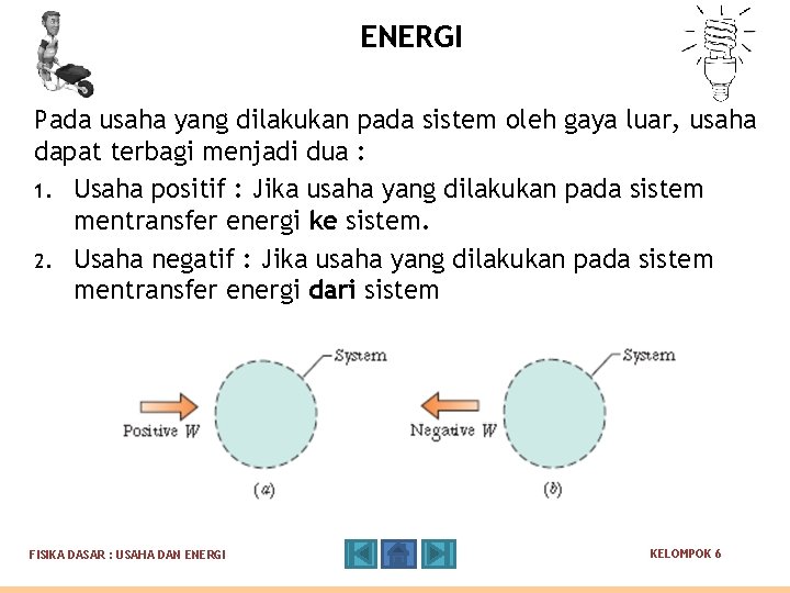 ENERGI Pada usaha yang dilakukan pada sistem oleh gaya luar, usaha dapat terbagi menjadi ENERGI Pada usaha yang dilakukan pada sistem oleh gaya luar, usaha dapat terbagi menjadi
