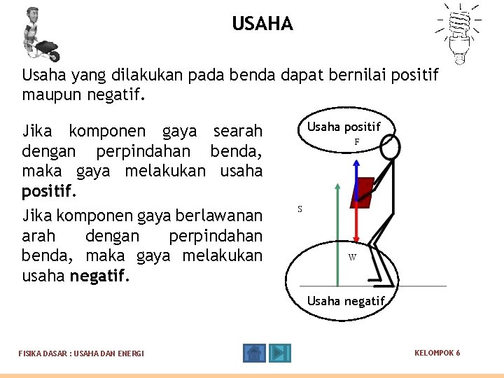 USAHA Usaha yang dilakukan pada benda dapat bernilai positif maupun negatif. Jika komponen gaya USAHA Usaha yang dilakukan pada benda dapat bernilai positif maupun negatif. Jika komponen gaya