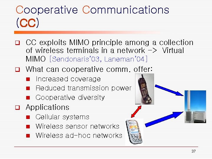 Cooperative Communications (CC) CC exploits MIMO principle among a collection of wireless terminals in