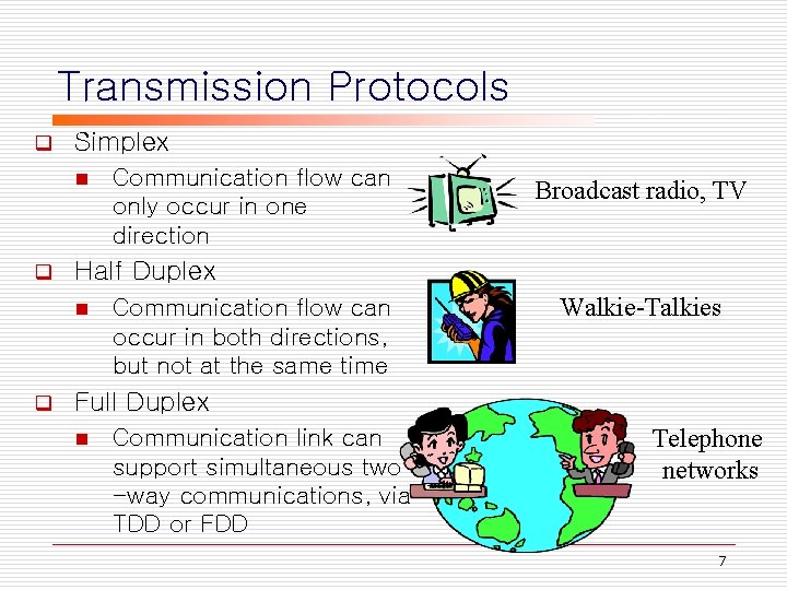 Transmission Protocols q Simplex n q Broadcast radio, TV Half Duplex n q Communication