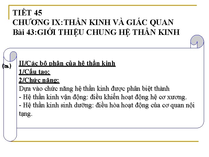 TIẾT 45 CHƯƠNG IX: THẦN KINH VÀ GIÁC QUAN Bài 43: GIỚI THIỆU CHUNG