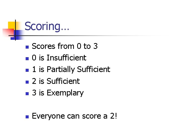 Scoring… n Scores from 0 to 3 0 is Insufficient 1 is Partially Sufficient