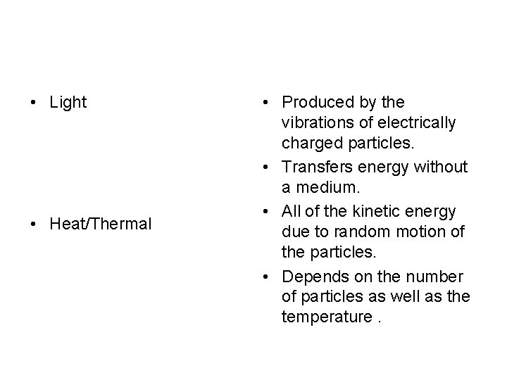  • Light • Heat/Thermal • Produced by the vibrations of electrically charged particles.