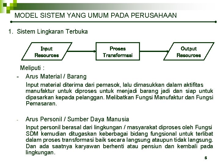 MODEL SISTEM YANG UMUM PADA PERUSAHAAN 1. Sistem Lingkaran Terbuka Input Resources Proses Transformasi