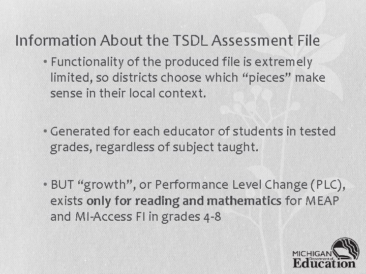 Information About the TSDL Assessment File • Functionality of the produced file is extremely