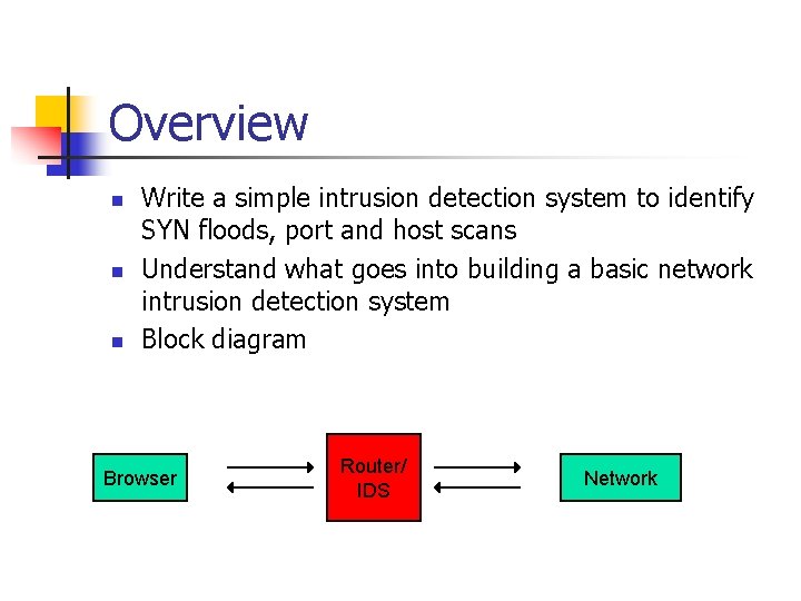Overview n n n Write a simple intrusion detection system to identify SYN floods,