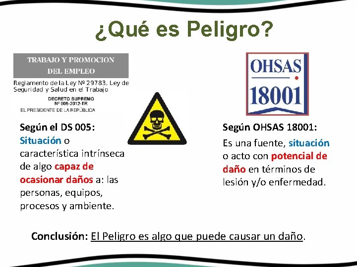 ¿Qué es Peligro? Según el DS 005: Situación o característica intrínseca de algo capaz