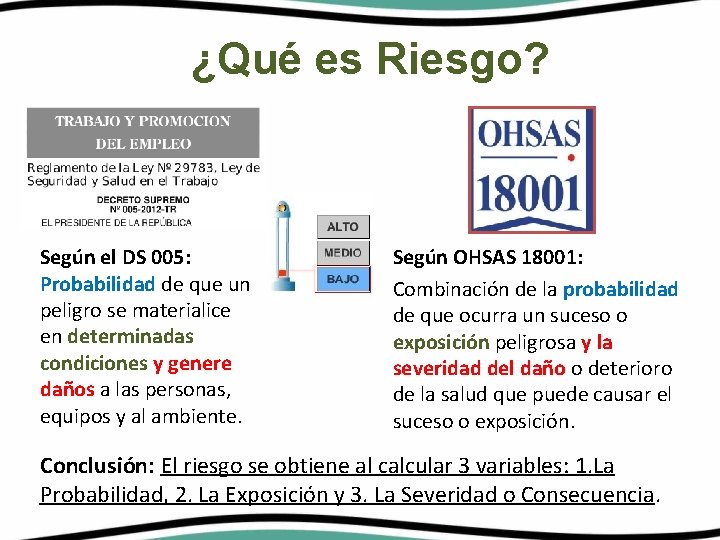 ¿Qué es Riesgo? Según el DS 005: Probabilidad de que un peligro se materialice
