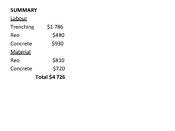 SUMMARY Labour Trenching $1 786 Reo $480 Concrete $930 Material Reo $810 Concrete $720